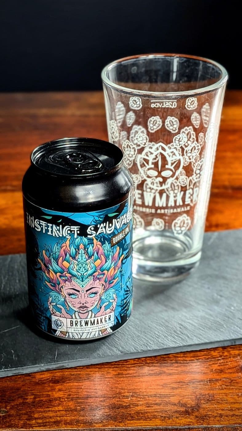 Canette Instinct Sauvage de Brewmaker et son verre