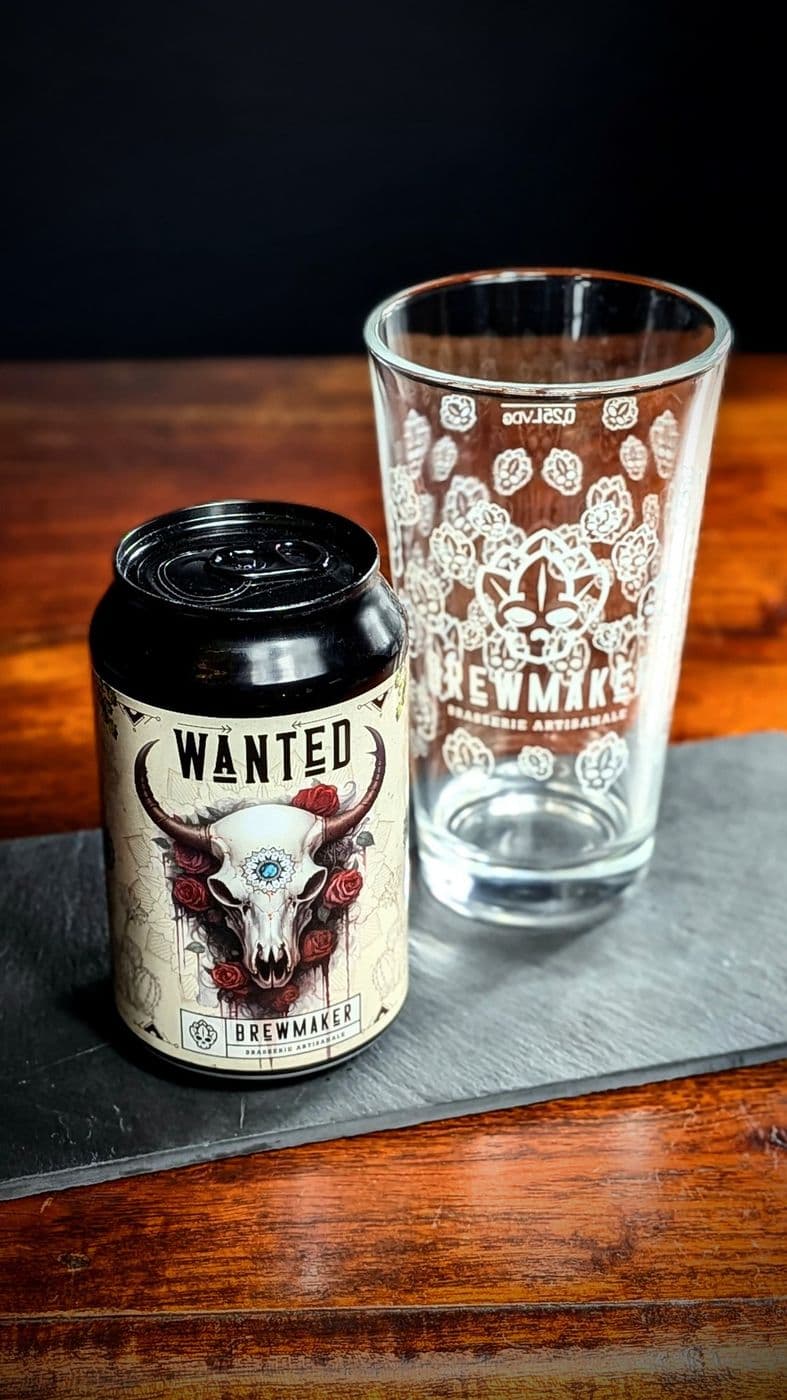 Canette Wanted de Brewmaker et son verre