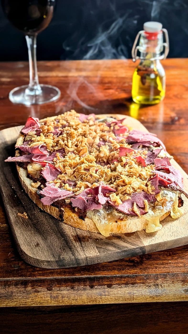 Tartine gratinée au pastrami et oignons frits